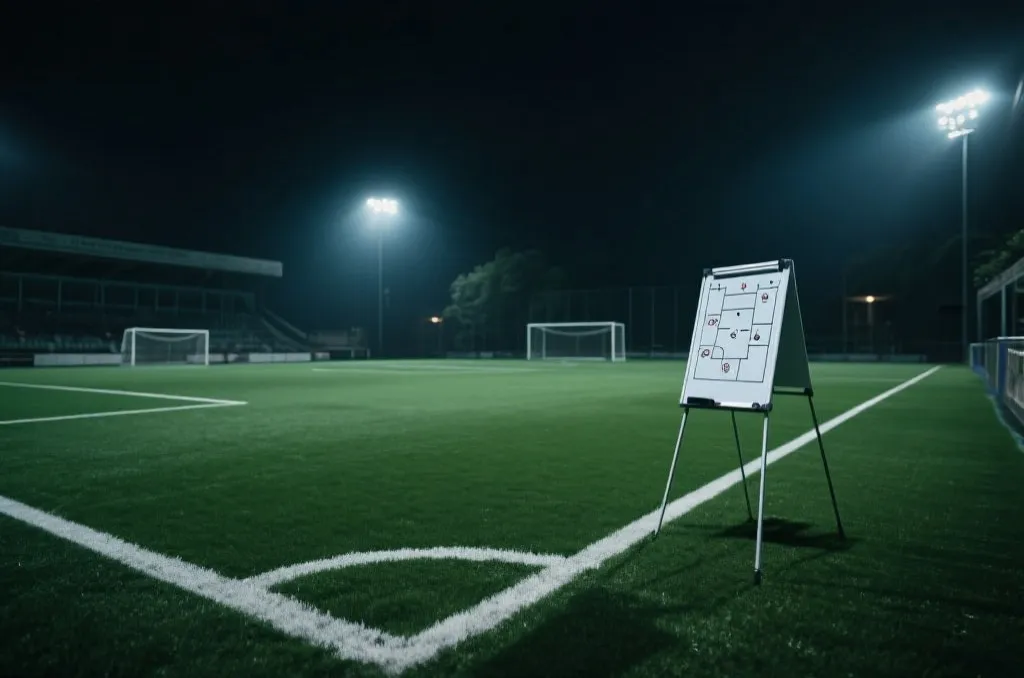 世界杯赛场夜景与战术板元素结合，突出比赛分析与竞技氛围