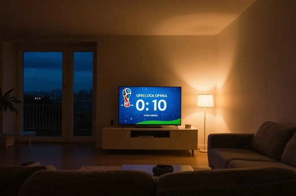 电视屏幕显示世界杯开幕倒计时的夜晚观赛场景